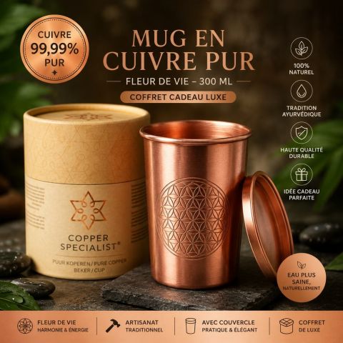 mug, copper, tasse en cuivre motif fleur de vie