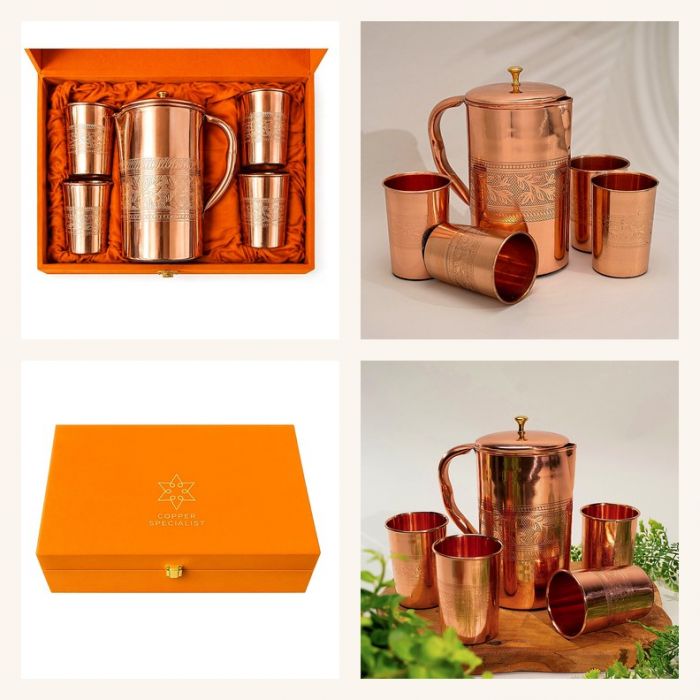 Service à Thé Cuivre Pur Floral 1,5 L + 4 Tasses | Coffret Luxe