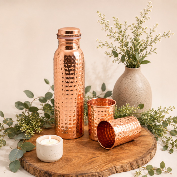 Ensemble Fleur de Vie en Cuivre Pur – Bouteille 950 ml et 2 Tasses 300 ml – Coffret Velours