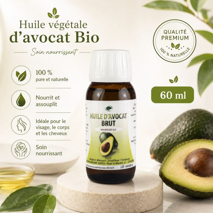 Huile Végétale Vierge d'Avocat Bio 60 ml – Visage, Corps & Cheveux