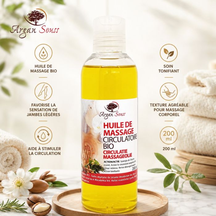 Huile de Massage Bio Circulatoire – Sésame, Abricot & Macadamia – 200 ml