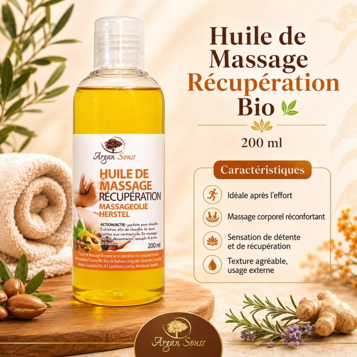 Huile de Massage Bio Récupération Musculaire – Sport & Détente – 200 ml