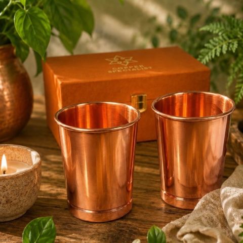 Coffret Cadeau en Cuivre Pur – 2 Tasses Lisses 300 ml – Coffret Velours Luxe