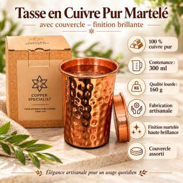 Tasse en Cuivre Pur Martelé Brillant avec Couvercle – 300 ml | 160 g