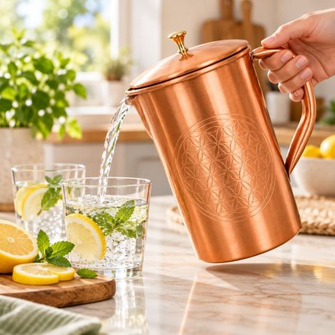 Carafe Fleur de Vie en Cuivre Pur Martelé 1,5 L Version Lourde 650 g