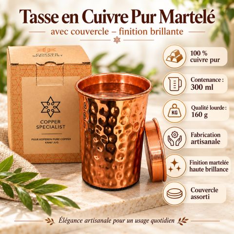 Tasse en Cuivre Pur Martelé Brillant avec Couvercle – 300 ml | 160 g
