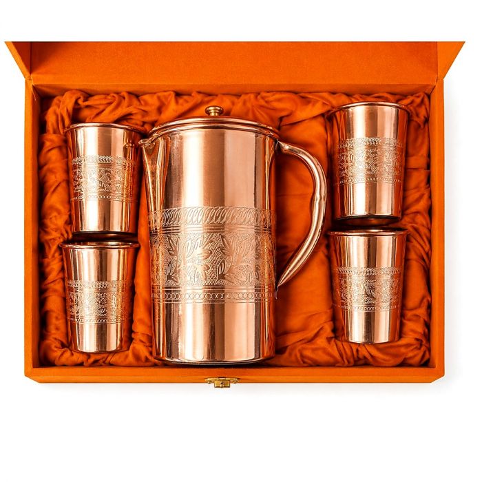 Service à Thé Cuivre Pur Floral 1,5 L + 4 Tasses | Coffret Luxe