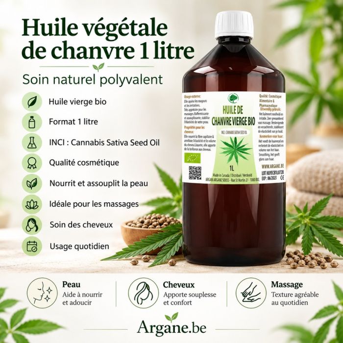 Huile Végétale de Chanvre Vierge Bio 1 Litre – Visage, Corps & Cheveux