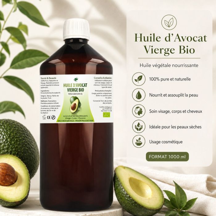 Huile Végétale d'Avocat Vierge Bio 1000 ml – Peau, Massage & Cheveux