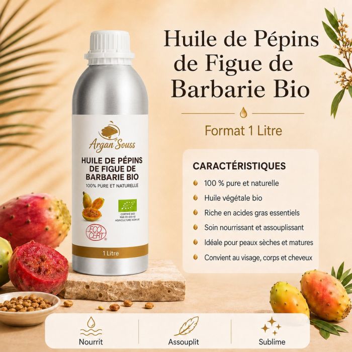 Huile de Pépins de Figue de Barbarie Bio 1 Litre – 100 % Pure – Format Professionnel
