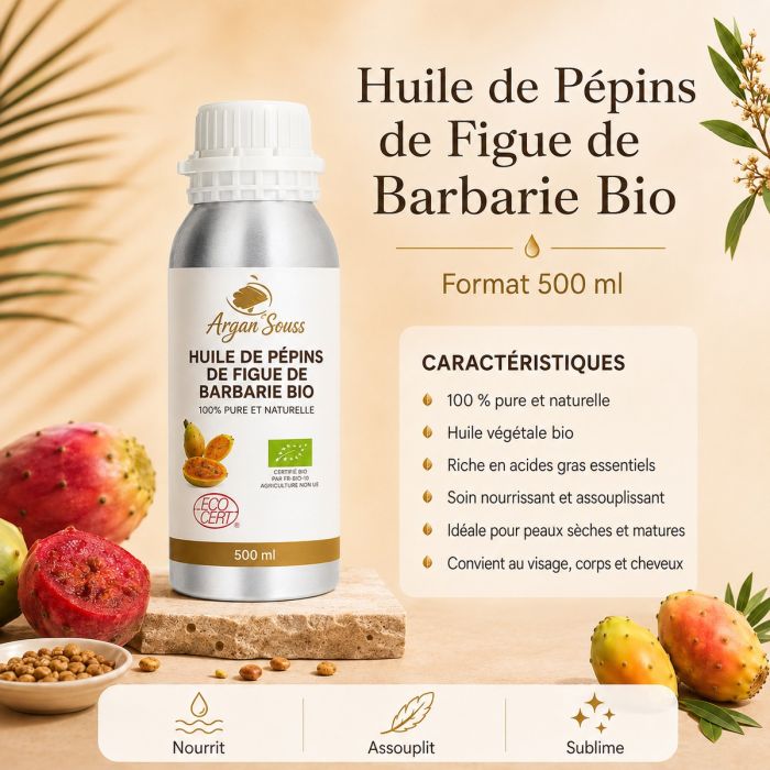 Huile de Pépins de Figue de Barbarie Bio 500 ml – 100 % Pure – Pression à Froid
