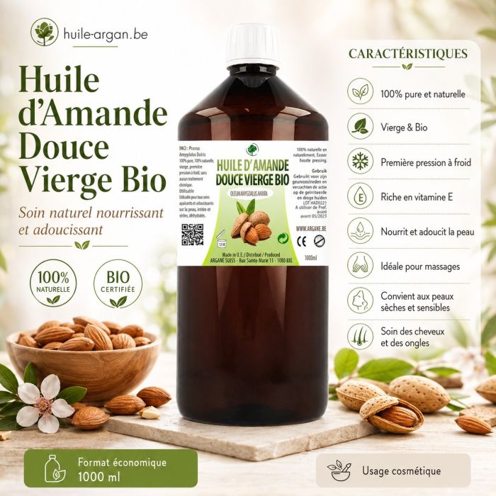 Huile Végétale d'Amande Douce Vierge Bio 1 Litre – Massage & Soin