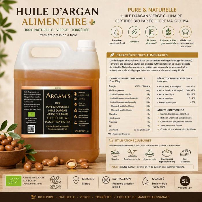 Huile d’Argan Alimentaire Bio 5 L – Torréfiée – Maroc