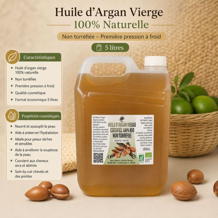Huile d’Argan Bio Vierge Extra 5 Litres – Format Professionnel et Économique