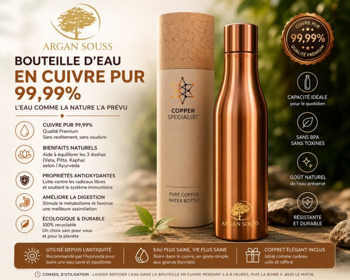 Bouteille en cuivre pur Fleur de Vie – Finition antique – 950 ml – cadeau