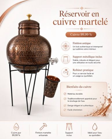 Réservoir d’Eau Rond en Cuivre Pur Martelé 8 Litres – Finition Antique avec Robinet et Support